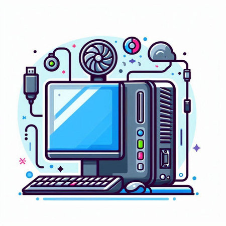 Computer, hardware and equipment. Modern flat line design vector illustration.のイラスト素材