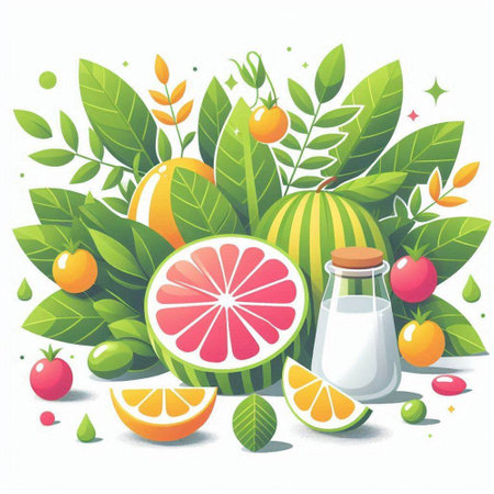 Vector illustration of ripe juicy fruits with leaves and bottle of juice.のイラスト素材