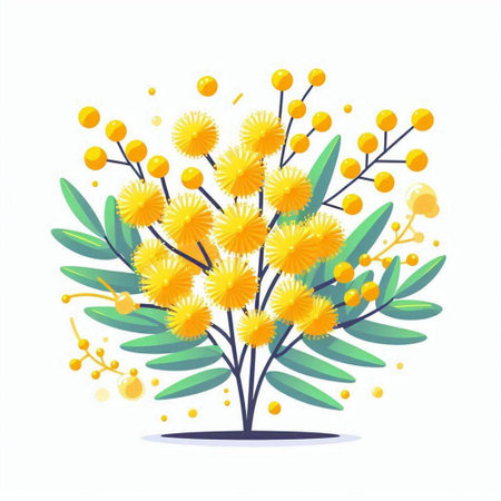 Mimosa tree with yellow flowers. Vector illustration in flat styleのイラスト素材