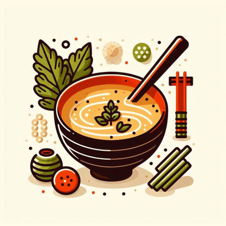 Soup in a bowl with chopsticks. Vector illustration in flat style.のイラスト素材