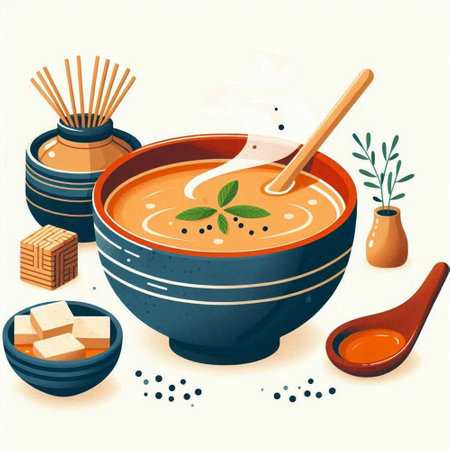 Vector illustration of a bowl of soup with wooden spoon and wooden bowl of miso soupのイラスト素材