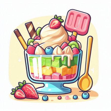 Ice cream in a glass bowl with fruits and berries. Vector illustration.のイラスト素材