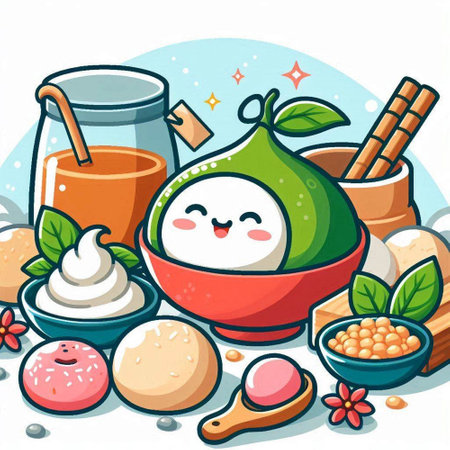 Kawaii vector illustration of Chinese food and drinks. Cartoon style.のイラスト素材