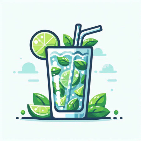 Vector illustration of a glass of mojito with lime and mint leaves.のイラスト素材
