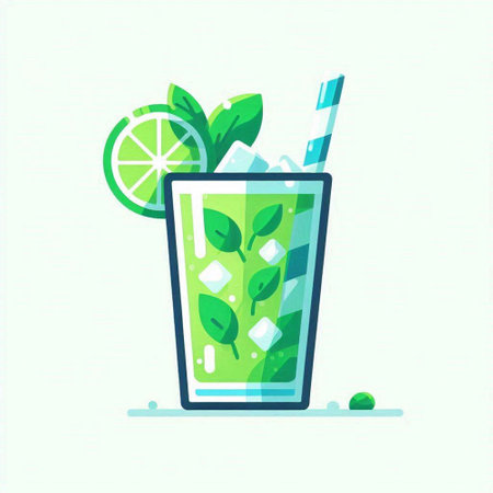 Mojito glass with lime, mint and straw. Vector illustration.のイラスト素材