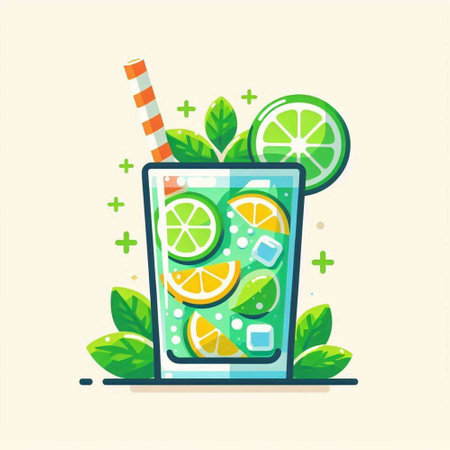 Cocktail with lime, mint and ice. Vector illustration.のイラスト素材