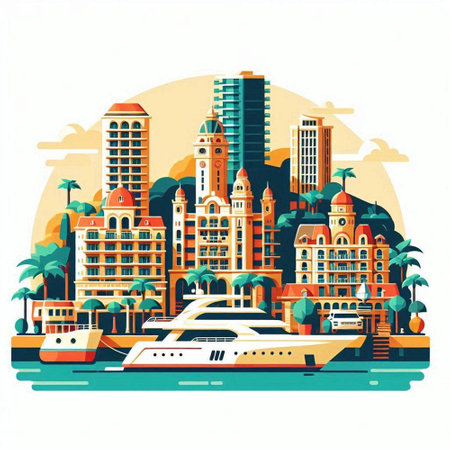 Cityscape with skyscrapers and boats. Vector illustration in flat styleのイラスト素材