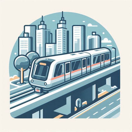 Modern high-speed train on the background of the city. Vector illustration.のイラスト素材