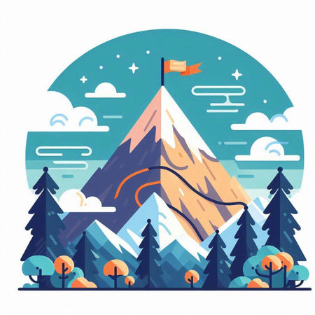 Mountain peak with flag on top. Flat style vector illustration.のイラスト素材