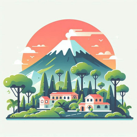 Vector illustration of a mountain landscape with a house and trees. Flat style.のイラスト素材