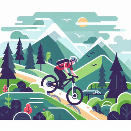 Bicyclist riding in the forest. Flat vector illustration.のイラスト素材