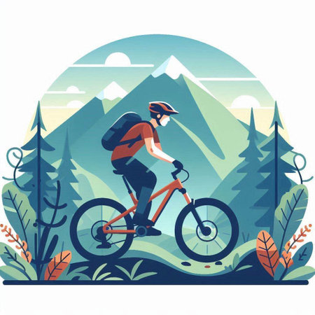 Cyclist in the mountains. Vector illustration in flat style.のイラスト素材