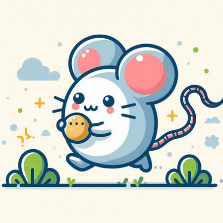 Cute cartoon mouse with a cookie in his paws. Vector illustration.のイラスト素材