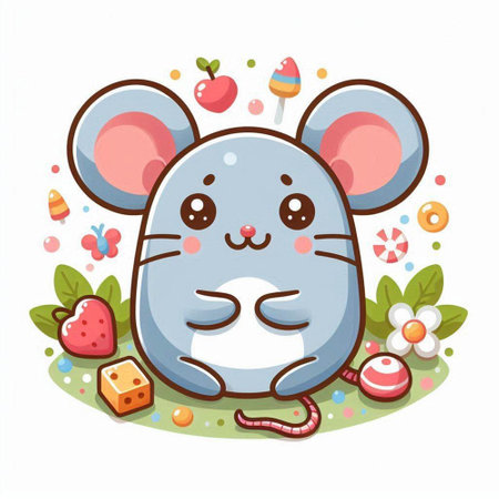 Cute cartoon mouse with sweets and candies. Vector illustration.のイラスト素材