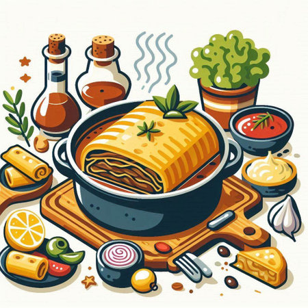 Illustration of lasagna in a pan with ingredients for cooking.のイラスト素材