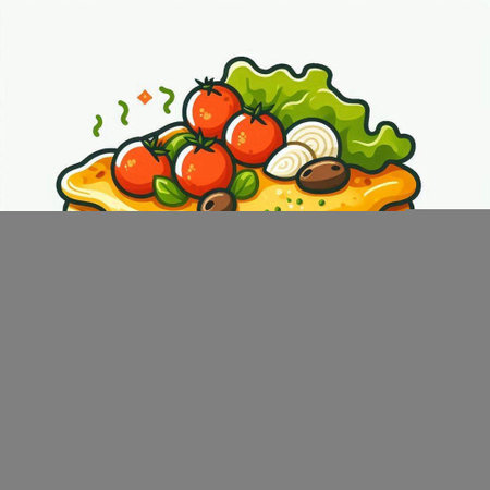 Illustration of pizza with tomato, lettuce and onion on white backgroundのイラスト素材