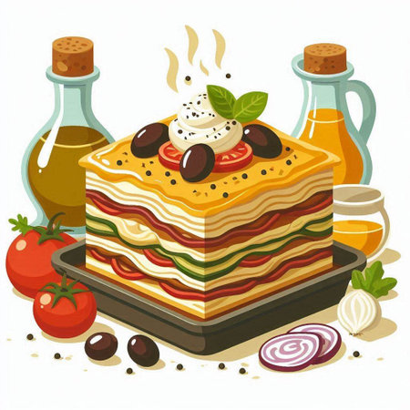 Illustration of a piece of lasagna with tomato, mozzarella and olive oilのイラスト素材