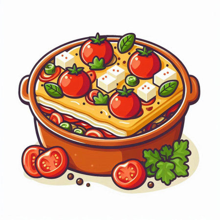 Illustration of a casserole with cheese, tomato and basilのイラスト素材