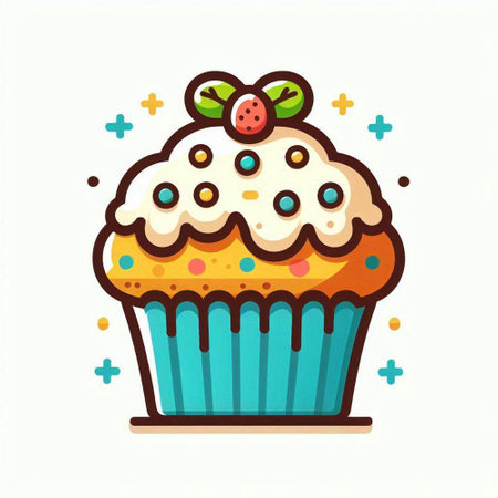 Cupcake with berries and icing. Vector illustration in flat style.のイラスト素材