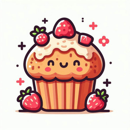 Cute cupcake character with strawberry. Vector flat cartoon illustration.のイラスト素材