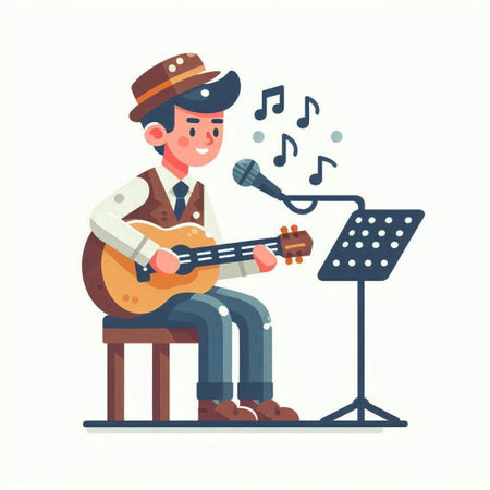 Musician playing guitar and singing. Vector illustration in cartoon style.のイラスト素材