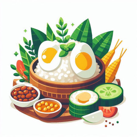 Illustration of sticky rice with egg and vegetables on a white backgroundのイラスト素材