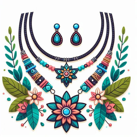 Necklace with flowers, leaves and beads. Vector illustration.のイラスト素材