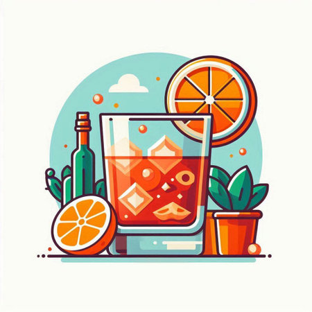 Cocktail with orange and ice in a glass. Vector illustrationのイラスト素材