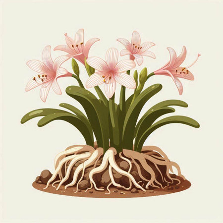 Illustration of pink lily flowers with roots in the ground.のイラスト素材