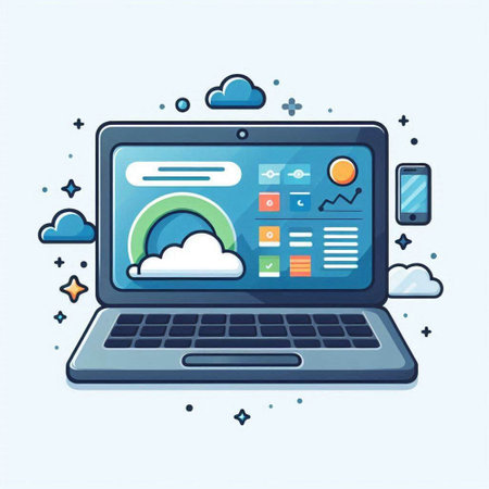 Laptop with cloud computing icon. Vector illustration in cartoon style.のイラスト素材