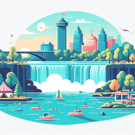 Vector illustration of the city landscape with a waterfall and a river.のイラスト素材