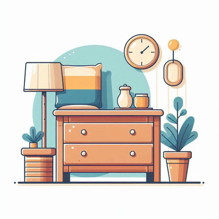 Bedroom interior with furniture, bedside table, lamp and decorative plants. Vector illustration in flat styleのイラスト素材