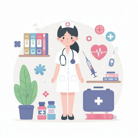 Female doctor with stethoscope and medical equipment. Vector illustration.のイラスト素材