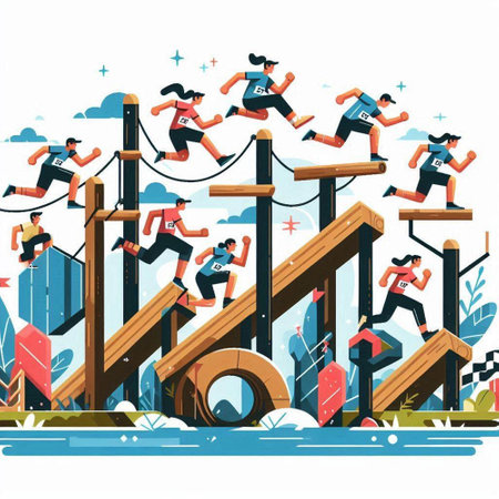 Vector illustration of people running on the obstacle course in the park.のイラスト素材