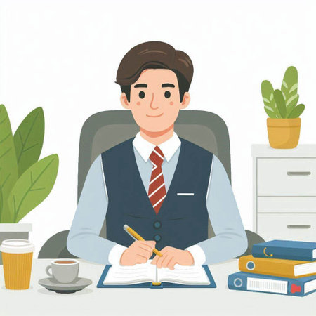 Businessman sitting at the desk and writing in notebook. Vector illustration.のイラスト素材