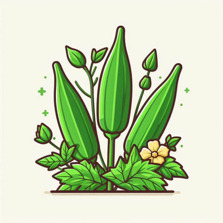 Illustration of Okra plant with flowers and leaves. Vector illustration.のイラスト素材