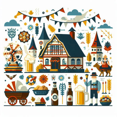 Vector illustration of fairytale town in flat style with elements for your designのイラスト素材