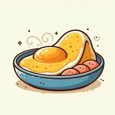 Illustration of fried egg in a bowl with sausages.のイラスト素材