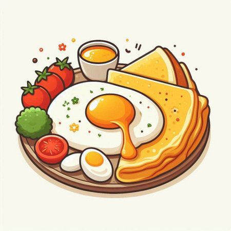 Illustration of a breakfast with fried eggs, tomato, cheese and sauceのイラスト素材
