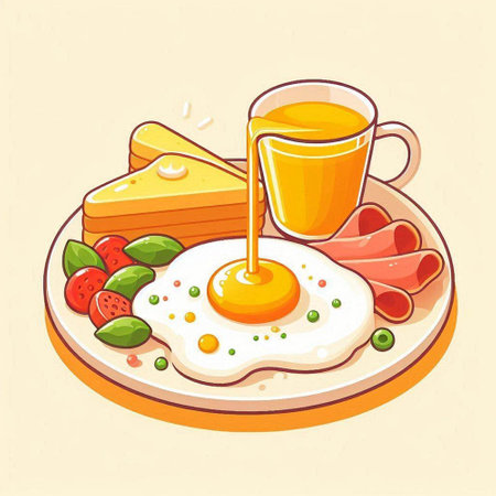 Breakfast with fried egg, toast and juice. Vector illustration.のイラスト素材