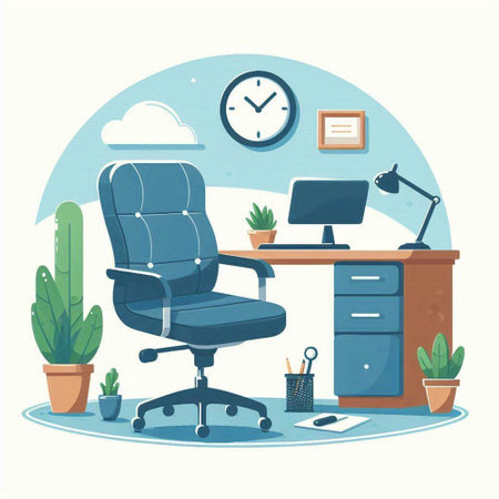 Office workplace. Workplace with chair, computer, table, plant, lamp and clock. Vector illustrationのイラスト素材