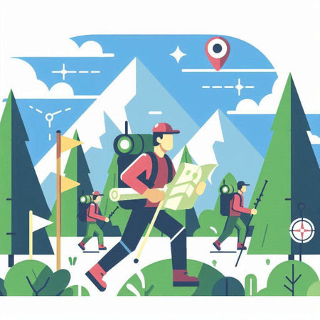 Hiking vector illustration in flat style. Hikers with a map in their hands.のイラスト素材
