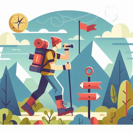 Tourist man with backpack and binoculars on the background of mountains. Vector illustrationのイラスト素材
