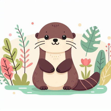 Cute otter sitting on the ground in the forest. Vector illustrationのイラスト素材