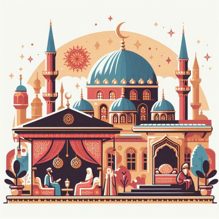 Ramadan Kareem greeting card with mosque and people. Vector illustrationのイラスト素材