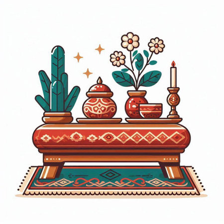 Vector illustration of vase with flowers and candle on the table.のイラスト素材