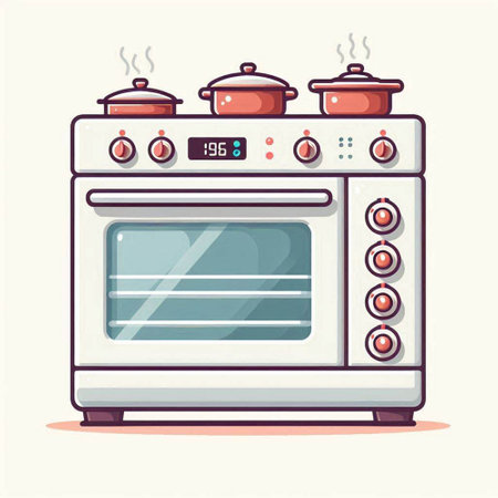 Illustration of a modern electric stove with pots and pans on a white backgroundのイラスト素材