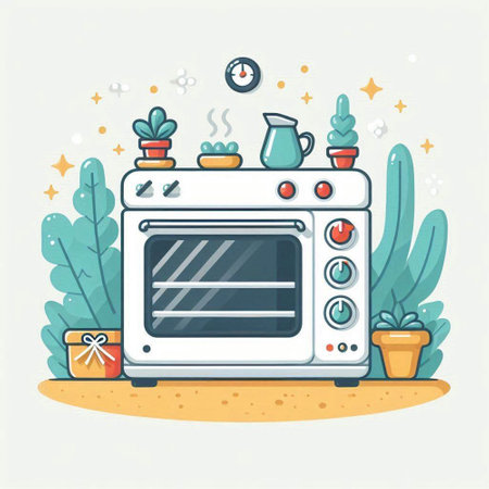 Illustration of a modern electric oven in the garden. Vector illustrationのイラスト素材