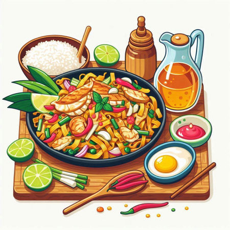 Fried noodles with seafood and vegetables in a frying pan. Vector illustration.のイラスト素材