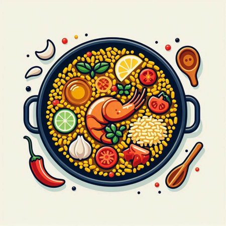 Seafood paella in a frying pan. Vector illustration.のイラスト素材
